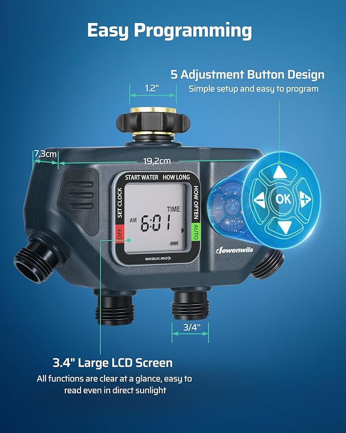 DEWENWILS Sprinkler Timer 4 Zone, Water Timer for Garden Hose with Rain Delay/Manual/AUTO Irrigation, Programmable Outdoor Faucet Hose Timer for Yard, Lawn