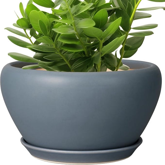 Ceramic Plant Pot - 11 Inch Planter for Indoor Plants Large Plant Pot with Drainage Hole and Saucer Round Outdoor Planter Modern Flower Pot for Home Decor Gray
