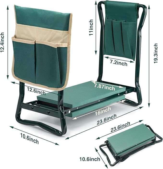 WISYOK Garden Kneeler and Seat, Heavy Duty Gardening Bench with 2 Tool Pouches, Widen EVA Foam Pad, Foldable Garden Stool to Prevent Knee & Back Pain