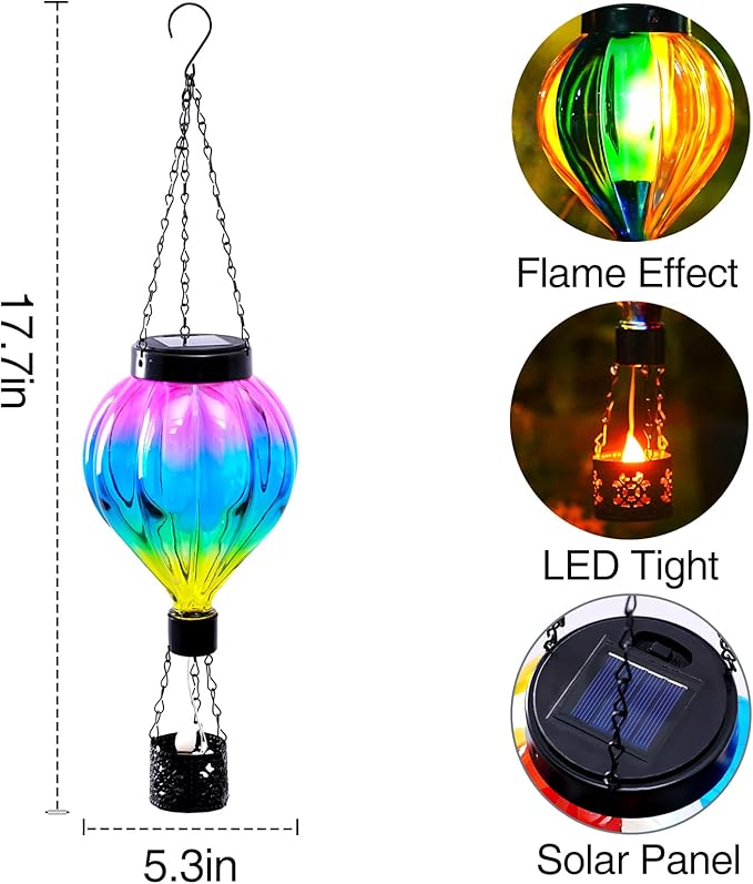 Hot Air Balloon Solar Lantern Outdoor Waterproof with Flickering Flame Gifts for Women Grandma Mom Glas Hanging Solar Lights Decorative for Outside Wall Front Porch Yard Garden Fence