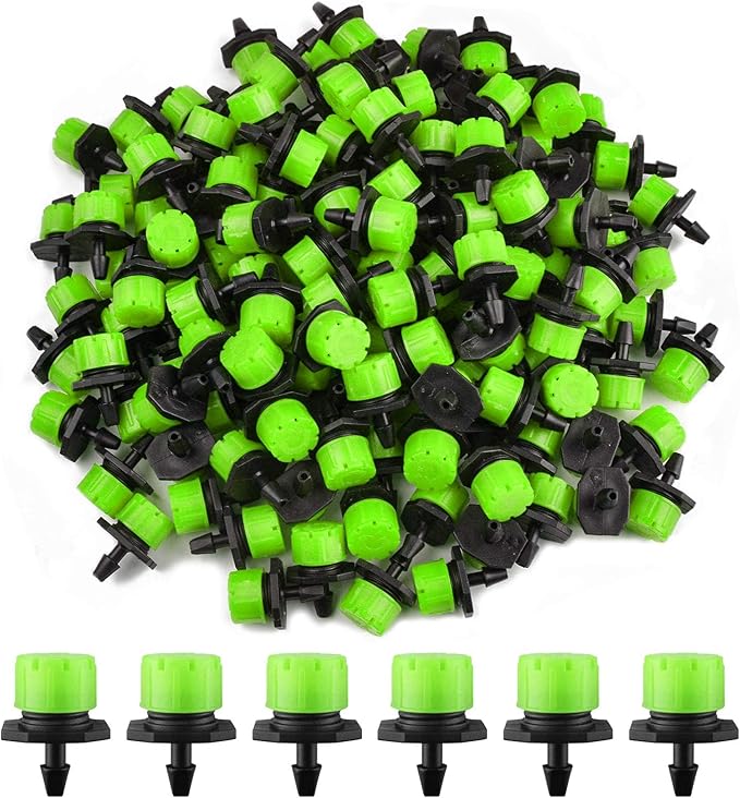 Kalolary 200Pcs Adjustable Irrigation Drippers, 1/4 Inch Barbed Drip Emitter 360 Degree Watering Sprinklers Anti-Clogging Drippers for 4mm/7mm Garden Watering System（Green）