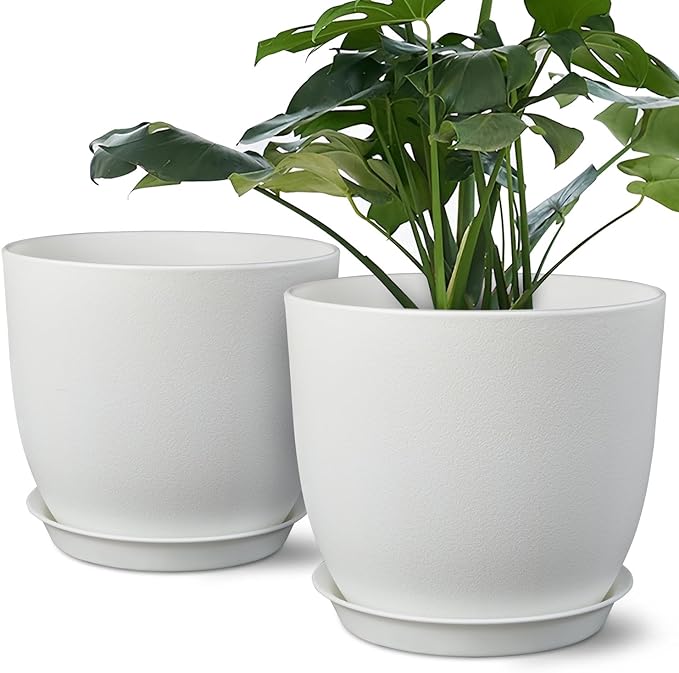 Plant Pots 8 Inch Set of 2, Flower Pots with Multi Mesh Drainage Holes, Planters for Indoor Outdoor Garden Plants and Flowers (White)