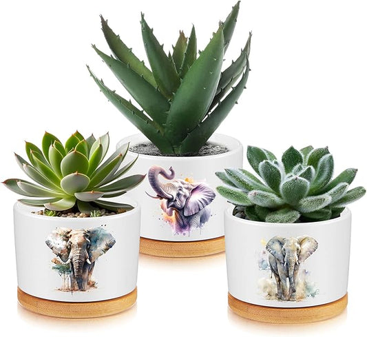 3 Pcs Elephant Decor Gift for Christmas Women Planter Ceramic Gift Animal Plant Pot with Bamboo Tray for Office Home Farm House Bathroom Kitchen Decorations (No Plants Included)