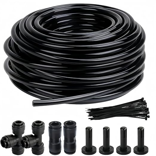 1/4in. Drip Irrigation Tubing - 50FT Drip Line Irrigation System Parts for Garden(Includes 1/4" Straight Connector, Ends, T Connectors, Cable Zip Ties)