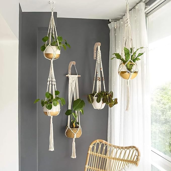Macrame Plant Hanger for Indoor Hanging Plants, Hanging Planters for Indoor Plants, 2 Pack Wooden Wall Mounted Hanging Plant Bracket Hooks for Flower Pots Lanterns Wind Chime Light, Decoration