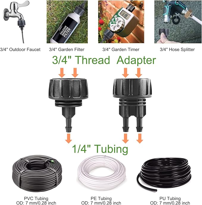 4 Set Faucet Adapter US Standard 3/4" Female Thread to 1/4" Tube Connector Convert 3/4" Garden Hose to 1/4" Tubing 1/4" Drip Irrigation Garden Hose Adapter (Splitter)