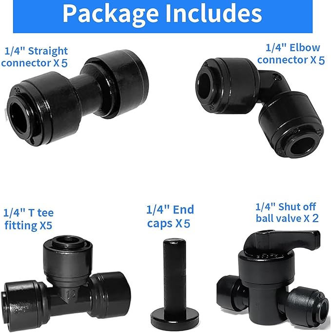 1/4 "O.D.Quick Connection Fitting,1/4" Push Connection Fitting,1/4 Water Line Fitting,Pipe Fitting for Reverse Osmosis Systems (Elbow + In-line + Triway + End Cap + on-off Valve,22Pack)
