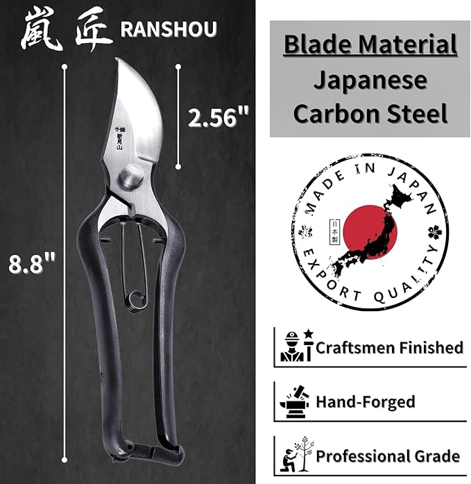 Japanese Pruning Shears for Gardening 9”, Professional Heavy Duty Bypass Pruners, Hand Forged Japanese Carbon Steel Blade, Spring Loaded Handle, Made in Japan