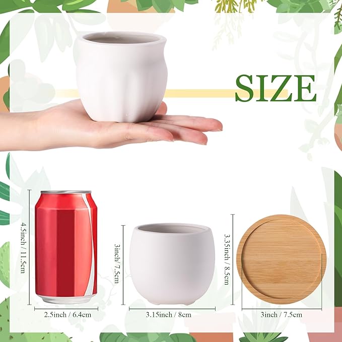 Remerry 6 Pcs 3.5 Inch DIY Ceramic Succulent Pots Figurines Paint Craft Kit Unpainted Ceramic Bisque Paintable Flowerpots with Drainage Hole Ready to Paint Valentine's Day Gifts