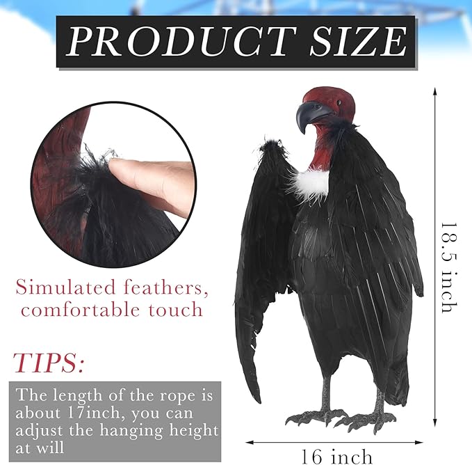 Tenceur 1 Piece Faux Vulture Effigy 18'' Large Fake Vulture Decoys Simulated Full Feathered Realistic Bird Black Hanging Faux Bird Scarecrow for Yard Roofs Trees Garden