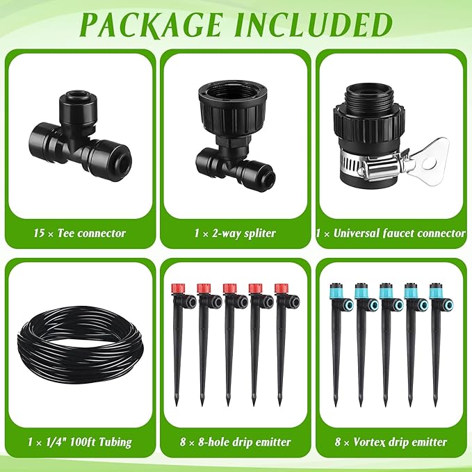 100ft Drip Irrigation Kits, Connect Automatic Irrigation System, Irrigation System with 1/4 Inch Tubing and Tee 2 Way Connector, Irrigation Sprinkler System for Yard Lawn Patio Greenhouse