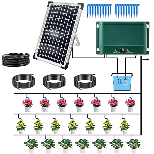 Lewisia 10W Solar Automatic Drip Irrigation Kit Auto Watering System Solar Powered Auto-Irrigation Set for Garden Raised Beds Patio Lawn Greenhouse Potted Plants Up to 50 Plants