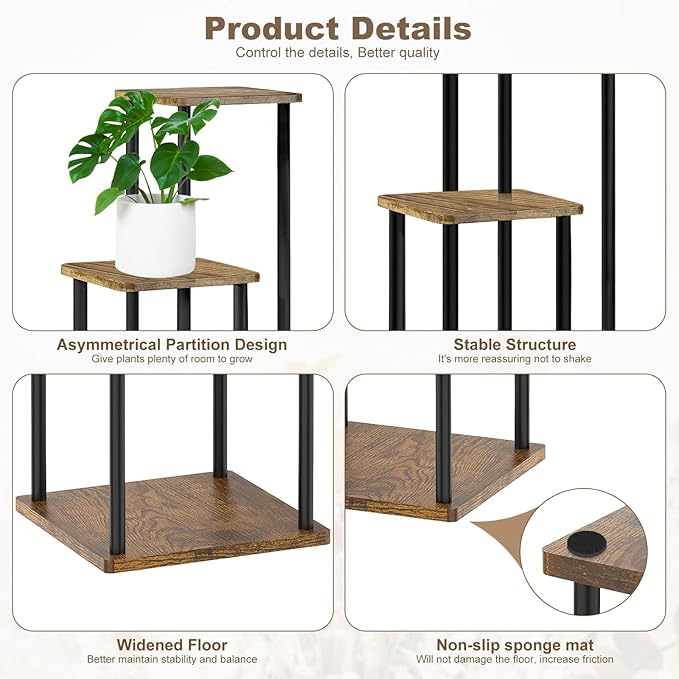 4 Tier Wood Tall Plant Stand Metal Rack Indoor, Multiple Flower Pot Holder Shelves Corner Rack, Planter Shelf Display Rack Storage Organizer for Patio Living Room Balcony Garden(Black)