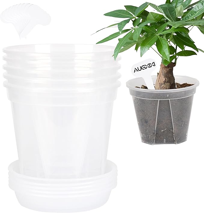 5 Sets 8 Inch Transparent Plastic Garden Pots Planter with Saucer Plant Planter Drainage Hole Plastic Pots for Plants Indoor and Out Door House Plants with 10pcs Plant Labels