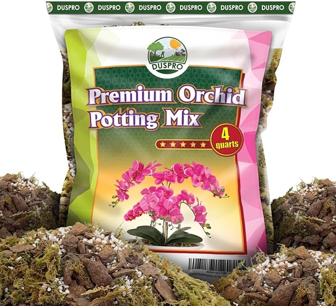 DUSPRO 4QT Orchid Potting Mix for Repotting with Moss Pine Bark Mulch Perlite Stone & Coco Peat Natural Ingredients, Orchid Bark Potting Mix, Orchid Repotting Kit Drainage Indoor Potting Medium Great