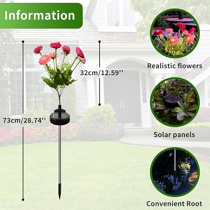 3 Branches Solar Lights, Outdoor Garden Decoration - 7 Snow Lotus Solar Garden Lights, Waterproof Solar Outdoor Lights, Auto On/Off, Garden, Yard Solar Decoration Lights (Red, 3 Pack)