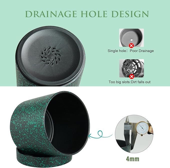 7/6.5/6/5/4 inch Plant Pots, 5 Pack Cylinder Flower Pots for Small Indoor Outdoor Plants, Plastic Planters with Drainage Holes and Saucer for Garden Succulent Plants, Black With Green Speckles