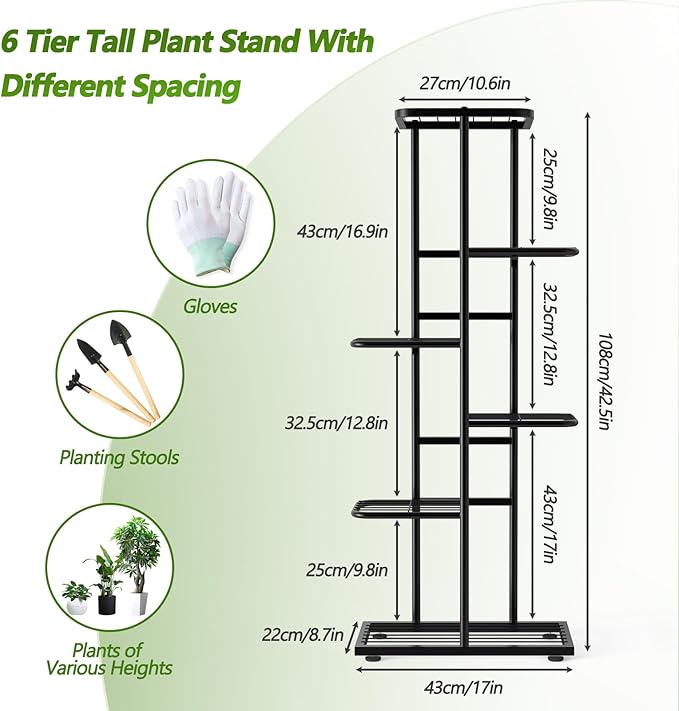 6 Tier 7 Potted Black Plant Stand Indoor Outdoor with Gardening Tools and Gloves, Upgraded Corner Metal Plant Rack Shelf for Multiple Plants, Tall Flower Pot Holder Display for Patio Living Room