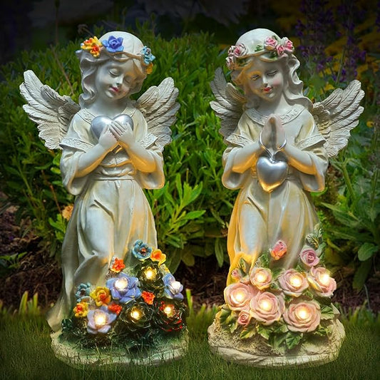 Angel Garden Statue 2Pcs,Love Heart Solar Garden Decor with Warm Light,Waterproof Praying Angel Statue with Flowers,Outdoor Garden Decor Sculpture for Lawn Yard Patio Garden Gifts,Apricot