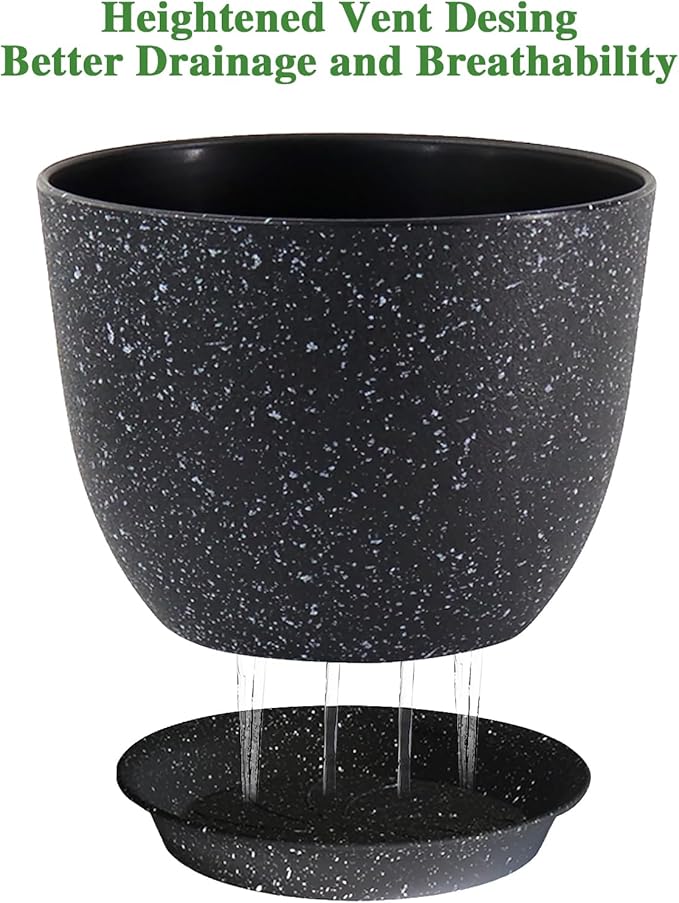 12inch Large Plant Pot, Modern Plastic Planter with High Driange Holes and Saucer for Indoor Outdoor Garden Plants and Flowers, Black Speckles