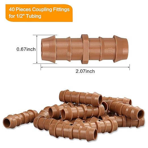Drip Irrigation Fittings Barbed Couplings, 40 Pieces Drip Irrigation Coupler Connectors for 1/2 Inch Tubing, Drip Irrigation Tubing 0.600" ID 17mm Coupling Parts for Patio Lawn Garden Systems