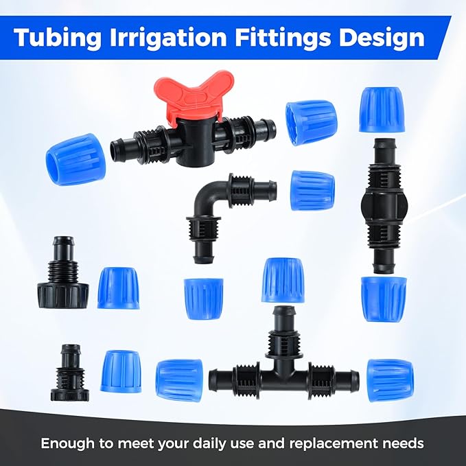 Drip Irrigation Fittings Kit for 1/2 Inch Tubing, 24 PCS 1/2" ID x 0.6-0.63" OD 16 mm Drip Anti-drop Barbed Locked Nut Connectors - 5 Tees, 5 Couplings, 2 Switch Valves, 5 End Cap, 5 Elbows, 2 Adapter
