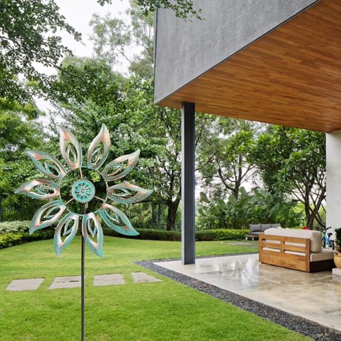 VEWOGARDEN Metal Flower Wind Spinners Outdoor, Garden Kinetic Wind Sculptures & Spinners for Yard Lawn Patio Decorations, Light Green