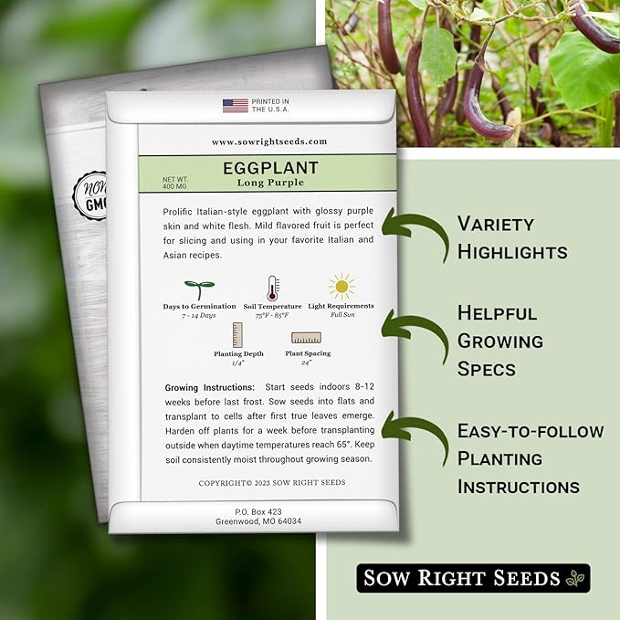 Sow Right Seeds - Long Purple Eggplant Seeds for Planting - Non-GMO Heirloom Packet with Instructions to Plant an Outdoor Home Vegetable Garden - Grow This Chinese Variety Indoors or Outdoors (1)