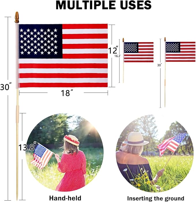 12 Pcs 12x18 Inch American Flags on Stick, American Flags for Outside, USA Stick Flag with Handheld and Grounded Multi-Purpose Flagpole, Memorial Day Decorations, 4th of July, Veterans Day, Patriotic Decorations