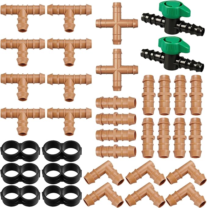 Drip Irrigation Fittings Kit for 1/2" Tubing, 36 Pieces 1/2 Inch Drip Line Connectors for Drip Sprinkler Systems - 12 Couplings, 8 Tees, 6 Elbows, 6 End Caps, 2 Cross connectors and 2 drip valves