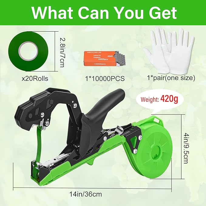 Plant Tying Machine Updated Plant Hand Tying Machine Plant Binding Machines Garden Tying Tool Tape Gun Plant Tie Machine with 10000 PCS Staples 20 Rolls Green Tape for Tomato Grape Pepper