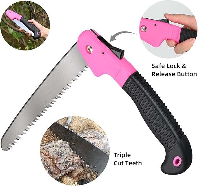 Garden Tool Set,5-Piece Aluminum Lightweight Gardening Kit with Folding Saw, Trowel, Transplanter, Hand Rake, Pink Gardening Gifts for Women,Heavy Duty Gardening Tools with Ergonomic Handle