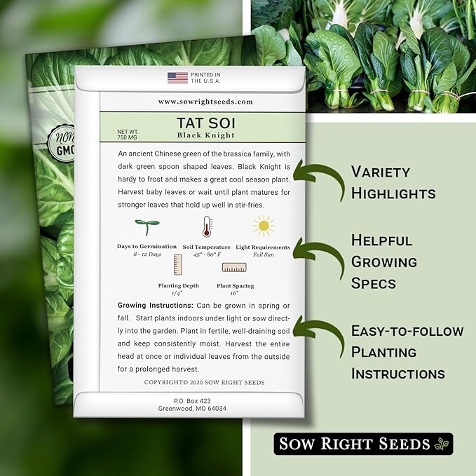 Sow Right Seeds - Black Knight Tat SOI Seeds for Planting - Non-GMO Heirloom Packet with Instructions to Plant a Home Vegetable Garden - Chinese Mustard Greens for Cooking - Dark Leafy Green (1)