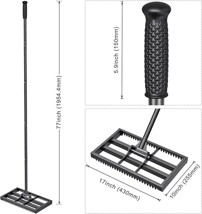 Lawn Leveling Rake with Rounded Edges, 17x10'' Leveling Rake with Tines to Level The Lawn, Heavy Duty Lawn Leveling Tool with 77'' Adjustable Handle to Make The Lawn Leveling Job Much Easier
