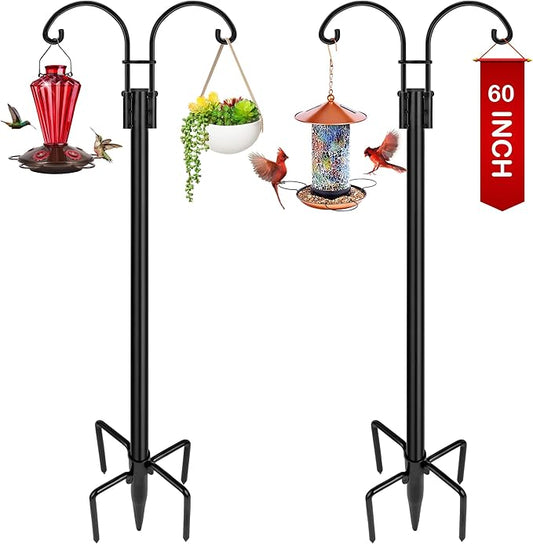 XDW-GIFTS Double Shepherds Hooks for Outdoor, 2-Pack Heavy Duty Garden Pole for Hanging Bird Feeder, Plant Baskets, Solar Light Lanterns, Garden Plant Hanger Stands with 5 Base Prongs