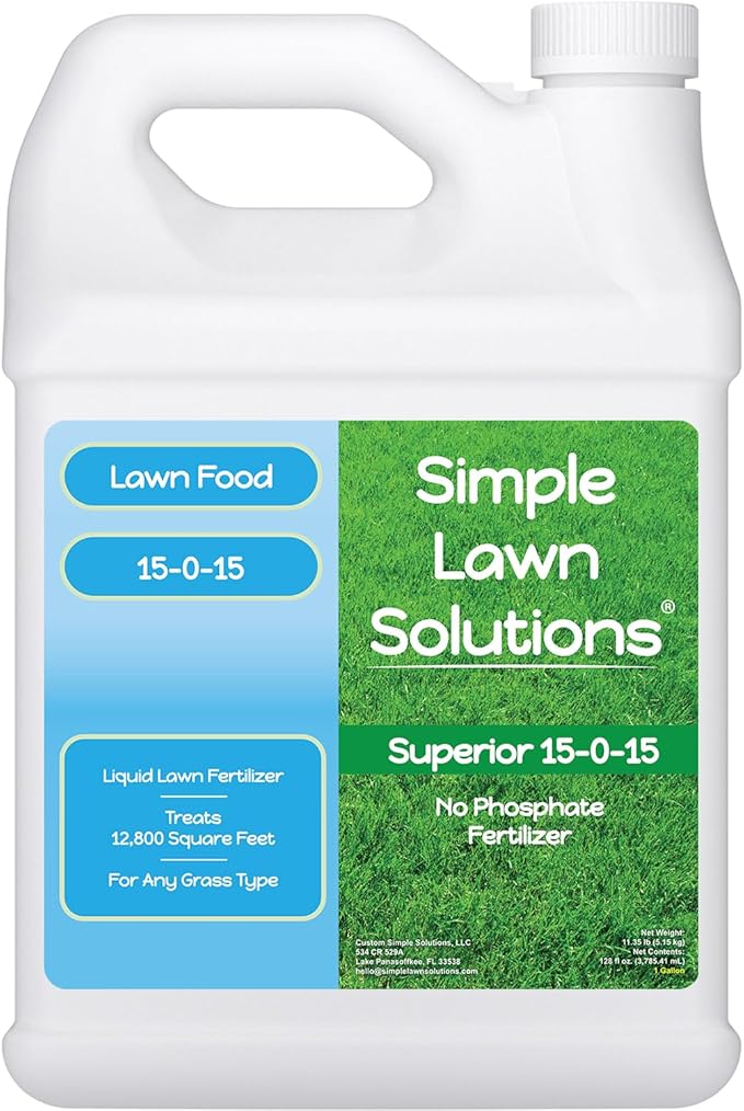 Superior 15-0-15 Liquid Lawn Fertilizer - Lawn Food for Growth & Green - Nitrogen, Potassium, Humic, Fish & Seaweed - Any Grass Type- Simple Lawn Solutions - All Season- Concentrate (1 Gallon)