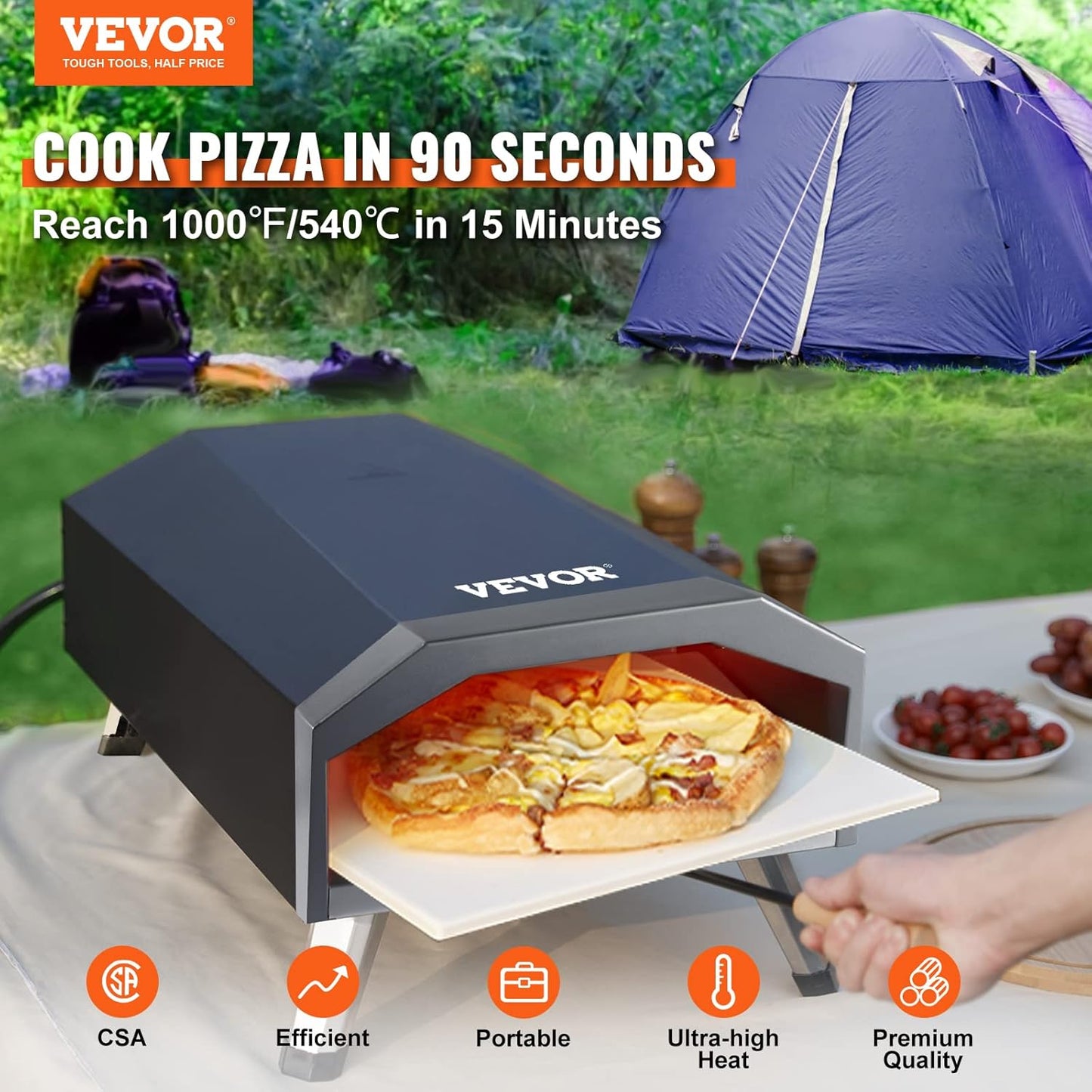 VEVOR Outdoor Propane Gas Pizza Oven, 13 inch Propane Pizza oven, 3 Layers Thick Portable Pizza Maker for Outside Backyard Camping Picnic, Carry Bag, Foldable Leg