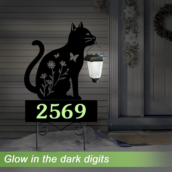 Address Signs for Houses,YY Gardenia Solar Lantern Garden Stake with Glow in the Dark House Numbers-Waterproof Outdoor Yard Sign with Solar Power-Elegant Garden Decor (Cat Black)