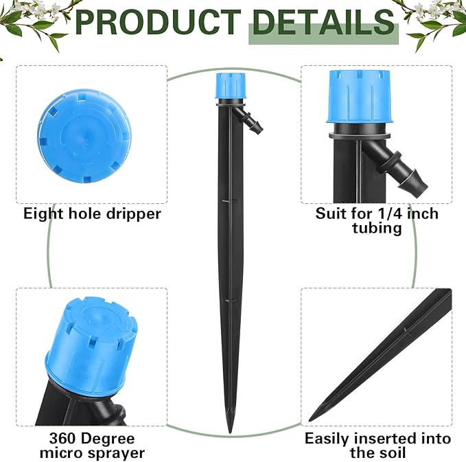 32 Pcs Drip Irrigation Emitters Drip Emitters for 1/4 Inch Tubing Irrigation Drippers Sprayer Adjustable 360 Degree Water Flow Drip for Garden Lawn Flower Bed Irrigation System (Blue)