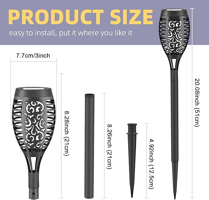 8 Pack Solar Tiki Torches, Flickering Flame Garden Decor, Waterproof LED Torches for Outside Patio Yard (Yellow)