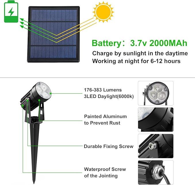 Solar Spot Lights Outdoor, 3-in-1 Garden Spotlights IP65 Waterproof 9.8ft Cable, 5W 4000mAh Separated Solar Panel, Auto On/Off for Tree Patio Yard Driveway Pathway Pool(Cold White 6000K)