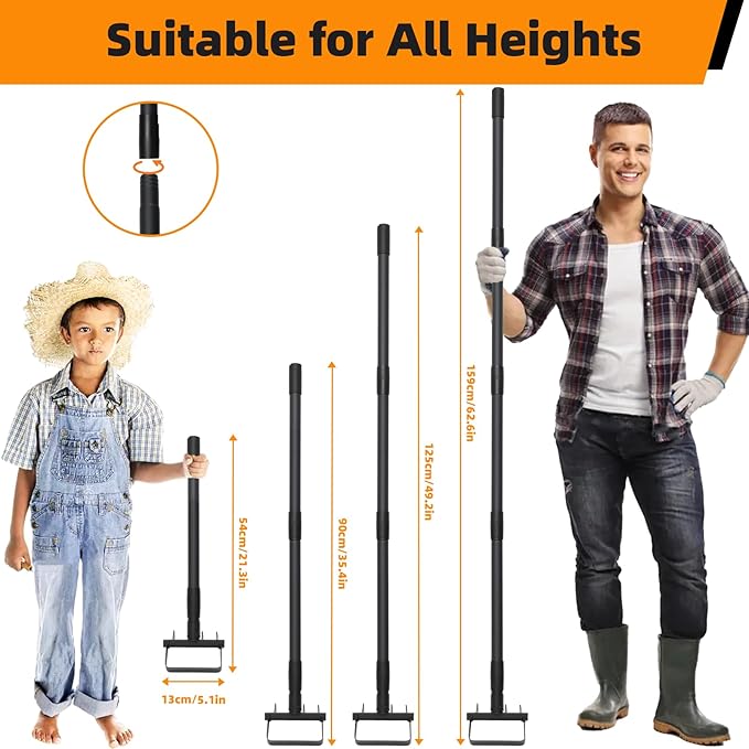 62.6Inch Action Stirrup Hoe Garden Tool Weed Puller with Adjustable Long Handle, Heavy Duty Hula Hoe and 4 Tines Rake 2 in 1 Gardening Tools Garden Cultivator for Weeding Soil Loosening, Black