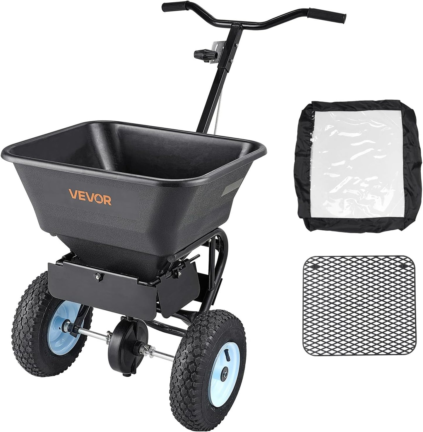 VEVOR Broadcast Spreader, 100LBS4Capacity, Walk-Behind Push Spreader, 0-9.8ft Spreading Width, 13 in All Terrain Pneumatic Tires, Lawn Spreaders with Hopper Grate, for Seed, Fertilizer, Salt, Ice Melt