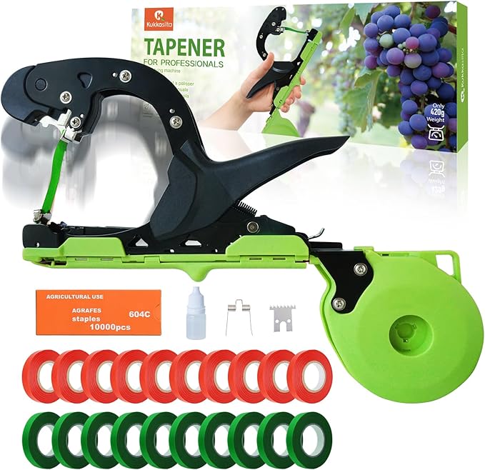 Upgraded Plant Tying Machine Tie Up Vine Tomatoes and Grapes Quickly Plant Tying Tape Tool for Gardeners Farmers Plant Tie Tapener Gun with SK5 Blade Replacement Green Tapes and Staples