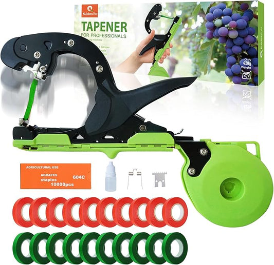 Upgraded Plant Tying Machine Tie Up Vine Tomatoes and Grapes Quickly Plant Tying Tape Tool for Gardeners Farmers Plant Tie Tapener Gun with SK5 Blade Replacement Green Tapes and Staples