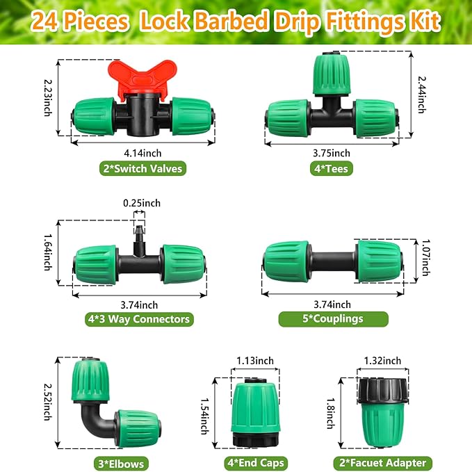 Drip Irrigation Fittings for 1/2 Inch Tubing, 24 Pcs Set 1/2" Drip Line Barbed Locked Nut Connectors - 5 Couplings, 4 Tees, 4 Reducing Tee, 4 End Cap, 3 Elbow, 2 Switch Valves, 2P 3/4" Faucet Adapters