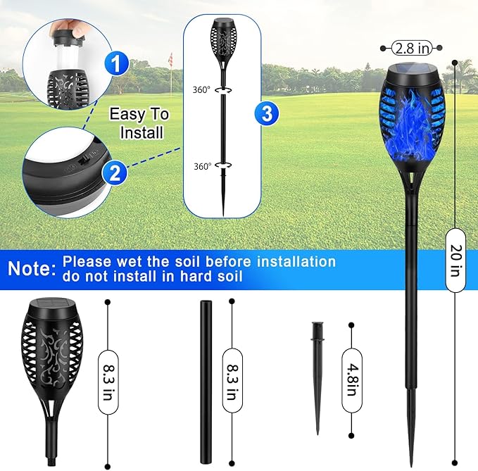 Solar Lights Outdoor, Upgraded 10 Pack Blue Solar Torch Light with Flickering Flame for Garden Decor, Waterproof Outdoor Lights Solar Powered, Tiki Torches for Outside Yard Patio Pathway Decor