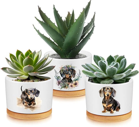 3 Pcs Dachshund Decor Gift for Christmas Women Planter Ceramic Gift Animal Plant Pot with Bamboo Tray for Office Home Farm House Bathroom Kitchen Decorations (No Plants Included)