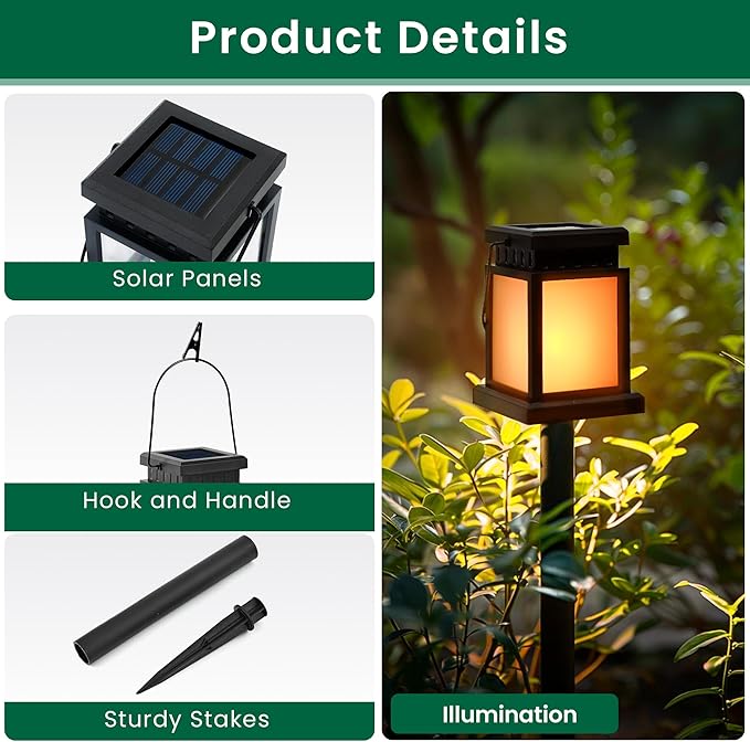 GIGALUMI Solar Lanterns Outdoor Waterproof, 4 Pack Hanging Solar Lanterns for Outside, Flame Effect Outdoor Lights for Pathway, Garden, Patio, Lawn, Porch, Gazebo, Tent, Tree, Yard(Flickering Lights)