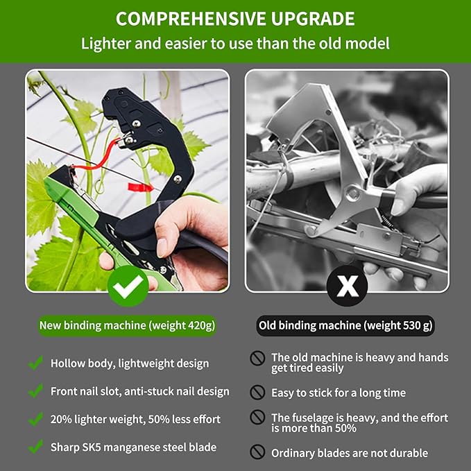 Upgraded Plant Tying Machine, Garden Tape Tool with 16 Rolls Tapes and 1 Box of Staple, Lightweight Plant Tape Gun Tying Tape Tool to Tie Up Vine Tomatoes Grapes Vegetables Garden (Green)